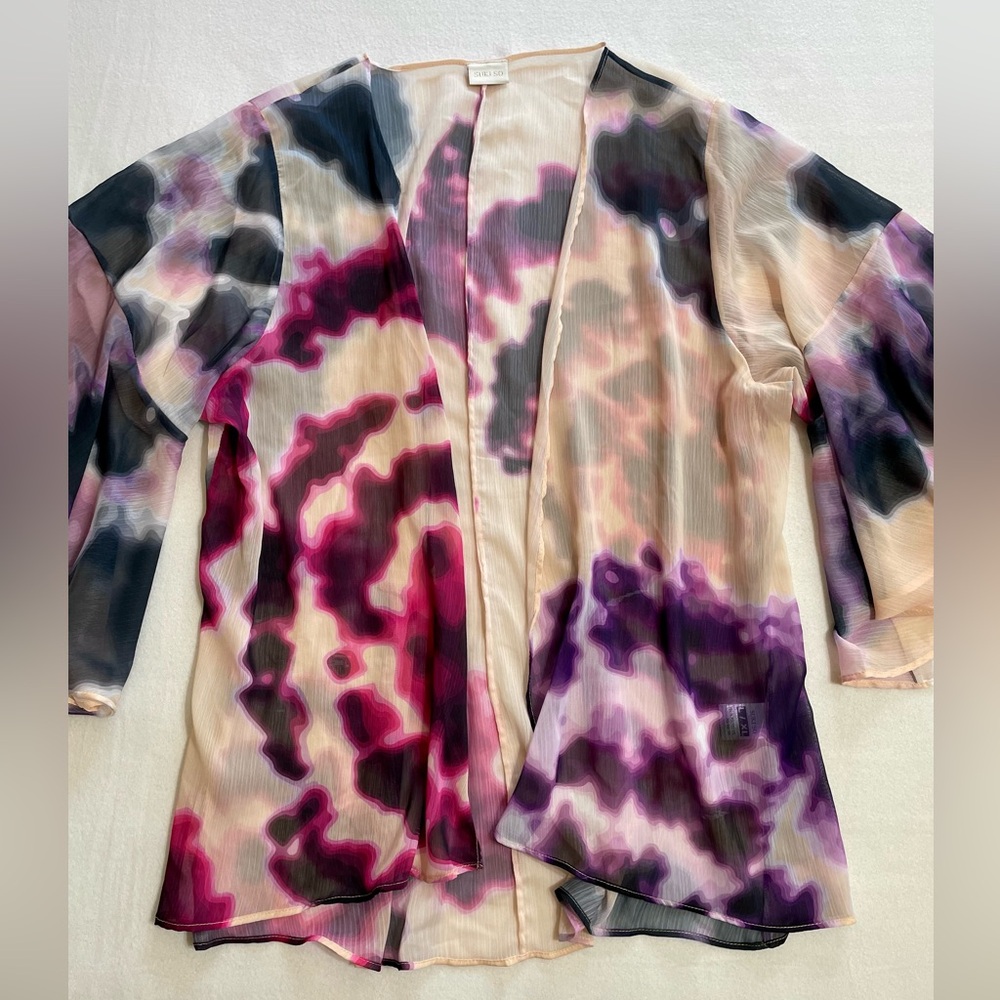 Boho Sheer Kimono Cardigan Tie Dye Bell Sleeve Chiffon Cover Up Open Front L/XL - Picture 9 of 15